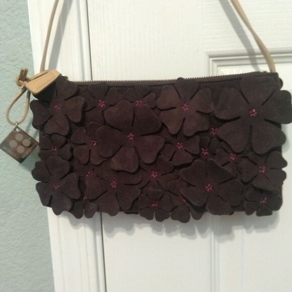 BCBGirls Suede Flower Covered Boho Bag Shoulder Purse Dark Brown 10"x5" EUC - Picture 1 of 16